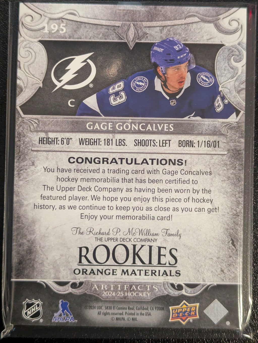 Gage Goncalves 24-25 Artifacts (12/15 Relic)