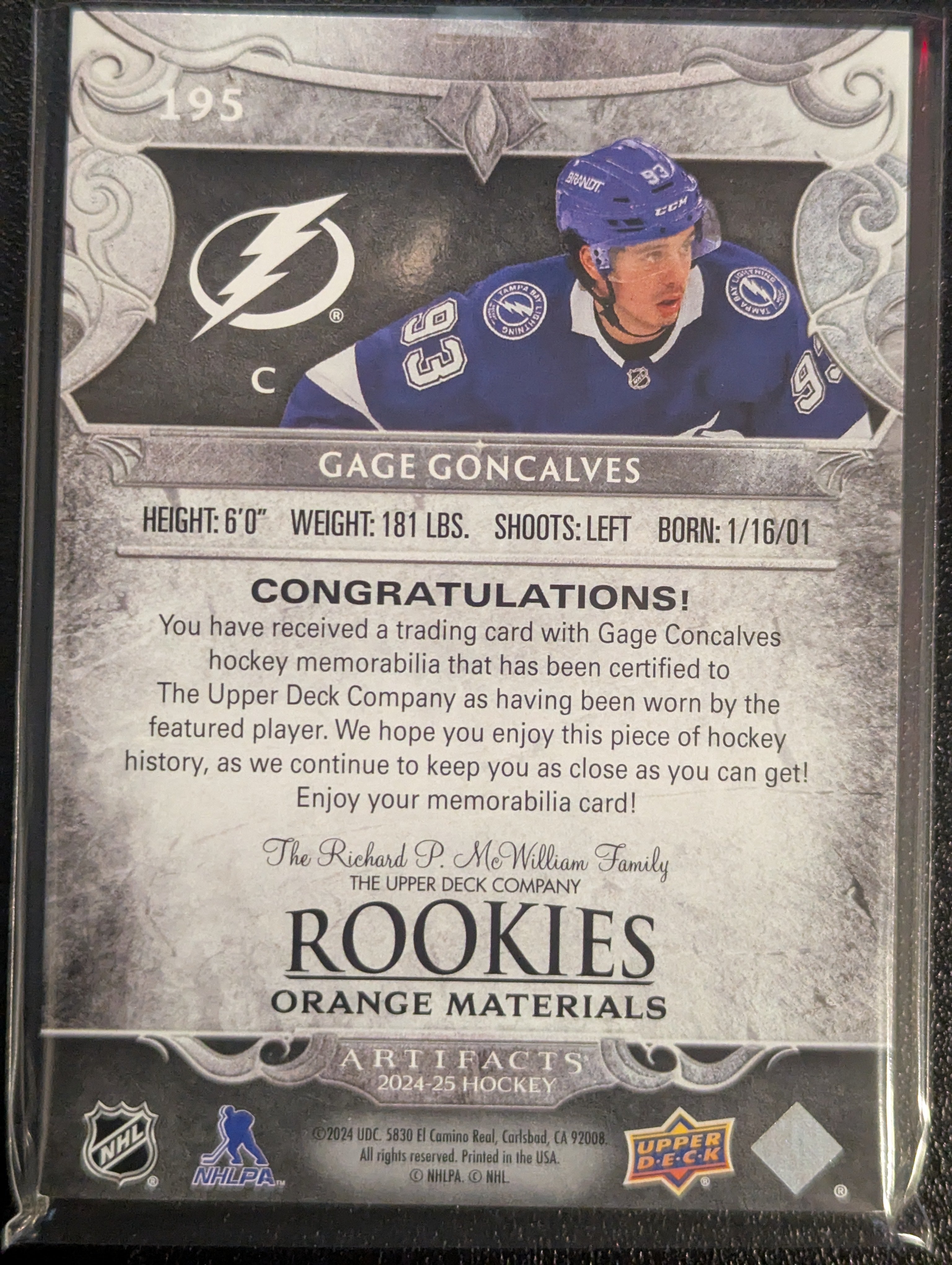 Gage Goncalves 24-25 Artifacts (12/15 Relic)